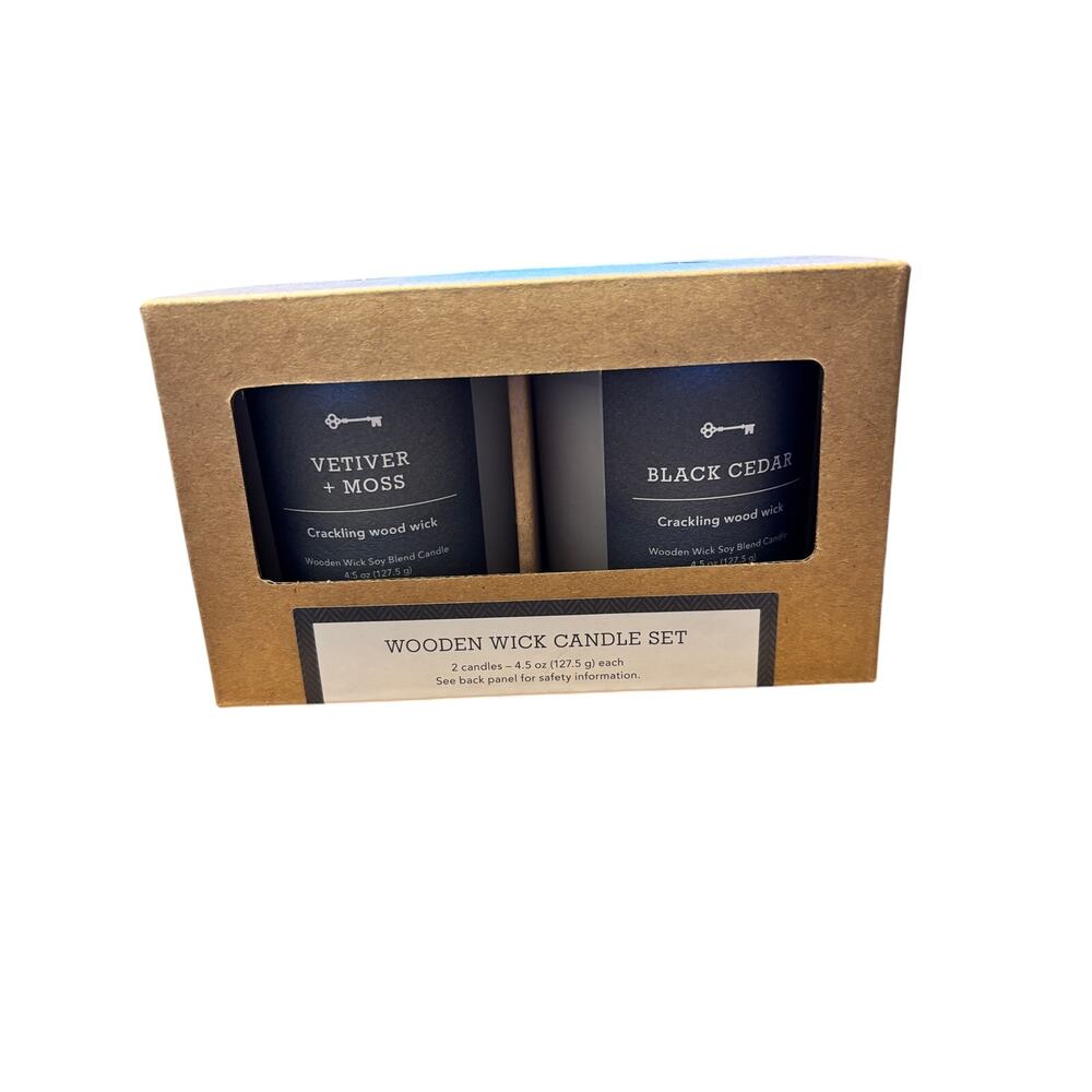 2 Pc Threshold Milky White Glass Vetiver Moss & Black Cedar Wooden Wick Candles
